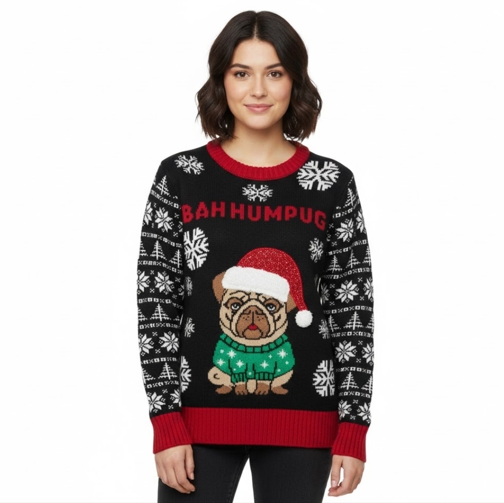 Festive Black and Red Pug Sweater